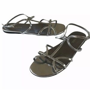 PRADA Metallic Flat Sandals Ankle Strap Silver Buckle Minimalist Size 37 US 7